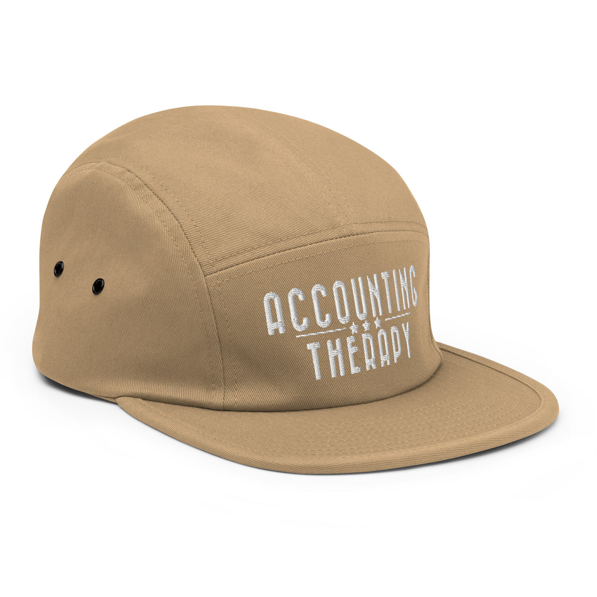 Product mockup - Right-front view of a khaki 5-panel cap showing a low-profile soft-structured hat with flat brim
