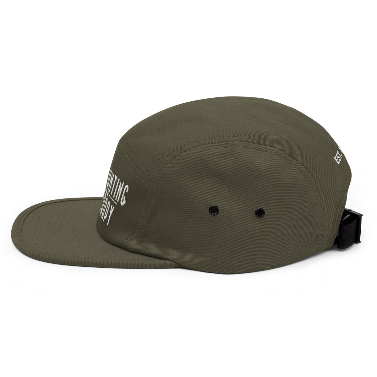 Product mockup - side view of a olive 5-panel cap showing a low-profile soft-structured hat with flat brim