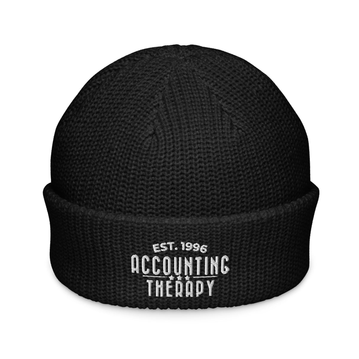 Product mockup - Front view of a black fisherman beanie showing a ribbed knit hat with a short cuff and snug fit