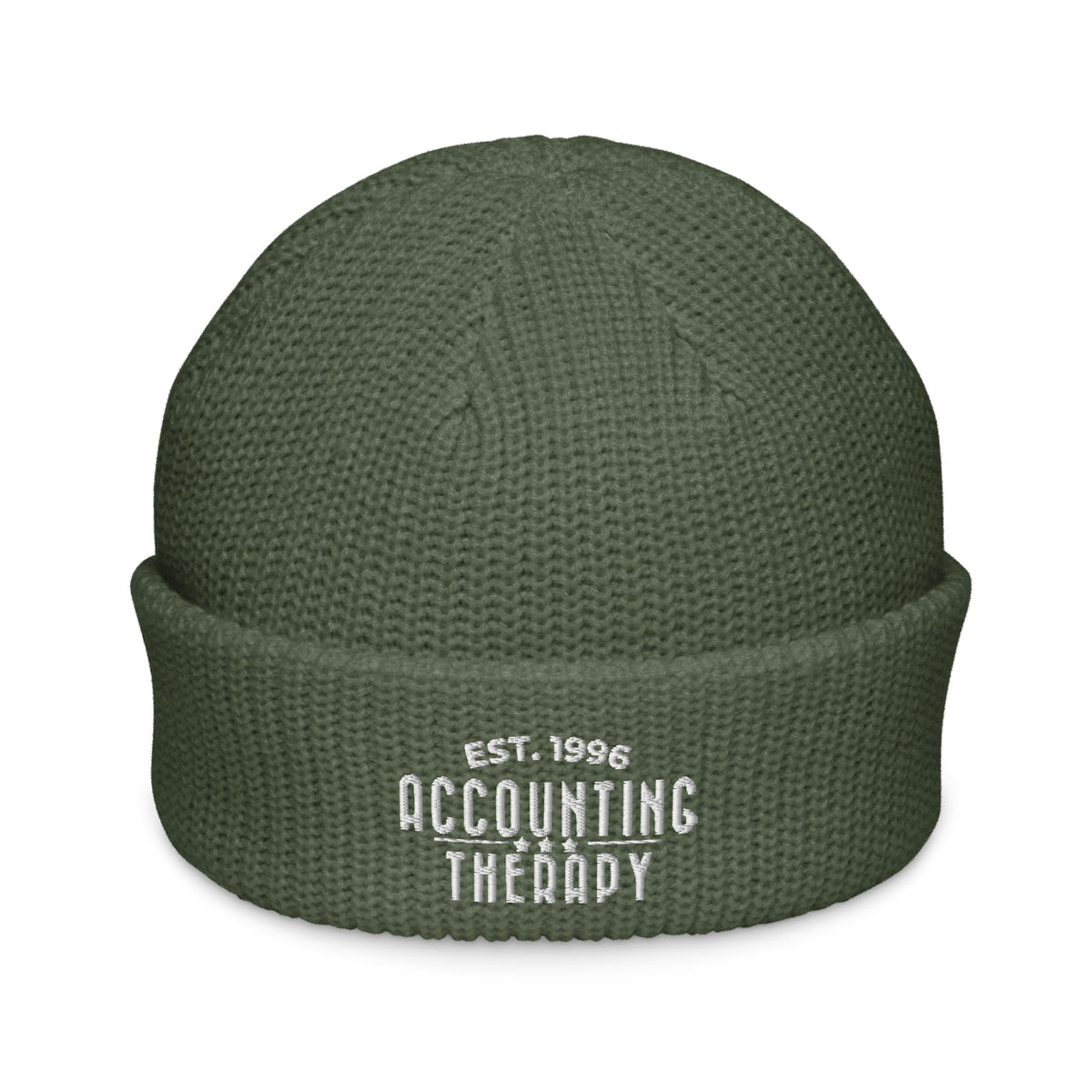 Product mockup - Front view of a green fisherman beanie showing a ribbed knit hat with a short cuff and snug fit
