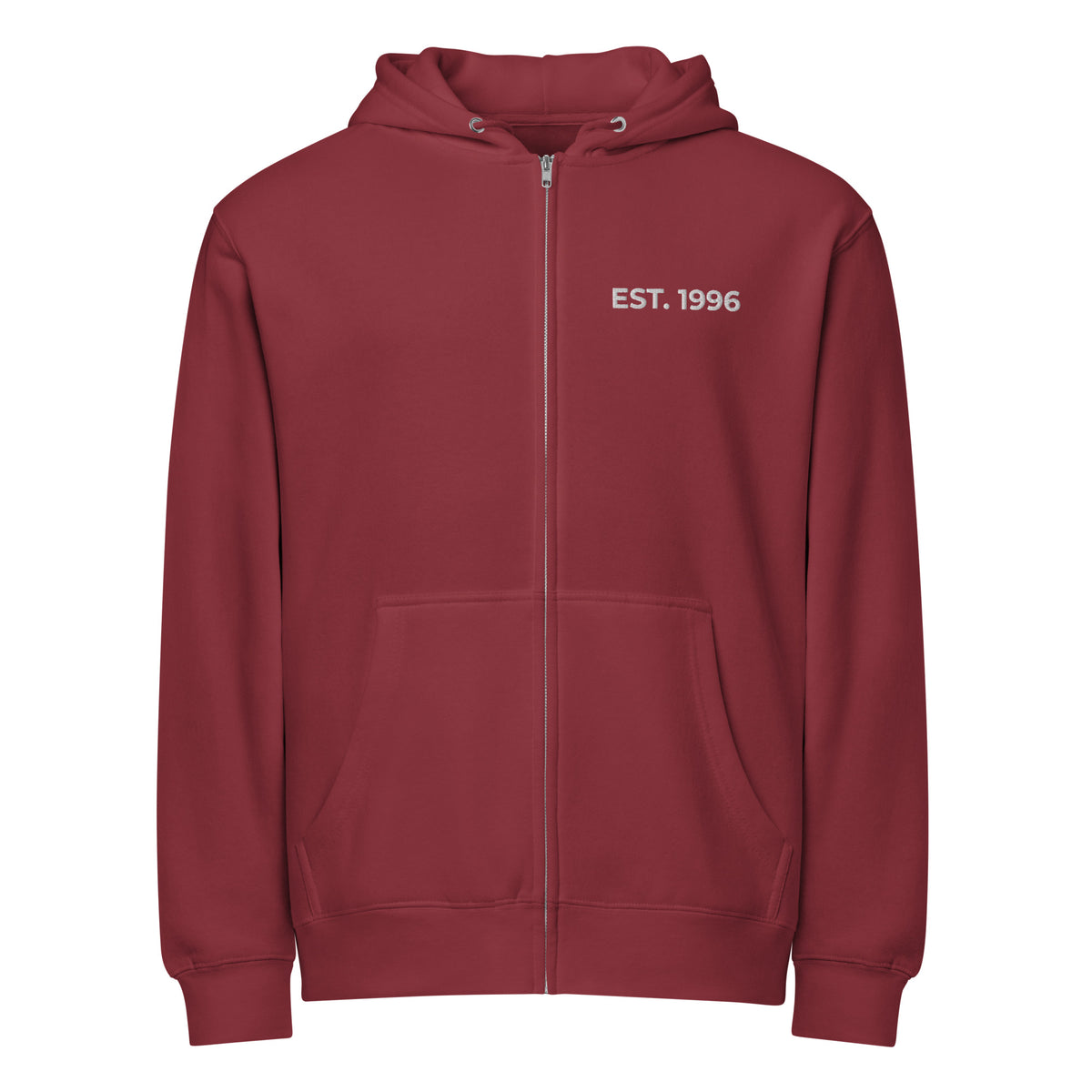 Product mockup - Front view of a burgundy unisex full zip hoodie showing a relaxed fit hooded sweatshirt with long sleeves and ribbed hem