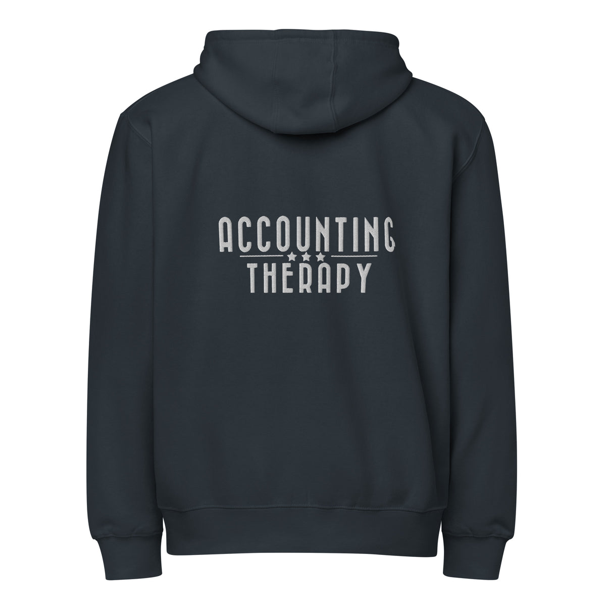 Product mockup - Back view of a Navy unisex full zip hoodie showing a relaxed fit hooded sweatshirt with long sleeves and ribbed hem