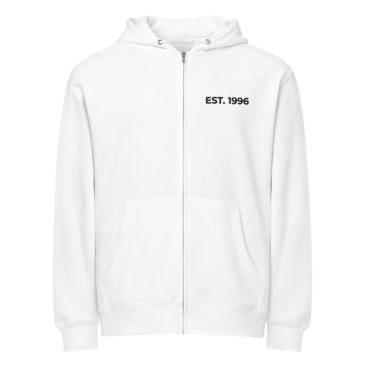 Product mockup - Front view of a white unisex full zip hoodie showing a relaxed fit hooded sweatshirt with long sleeves and ribbed hem
