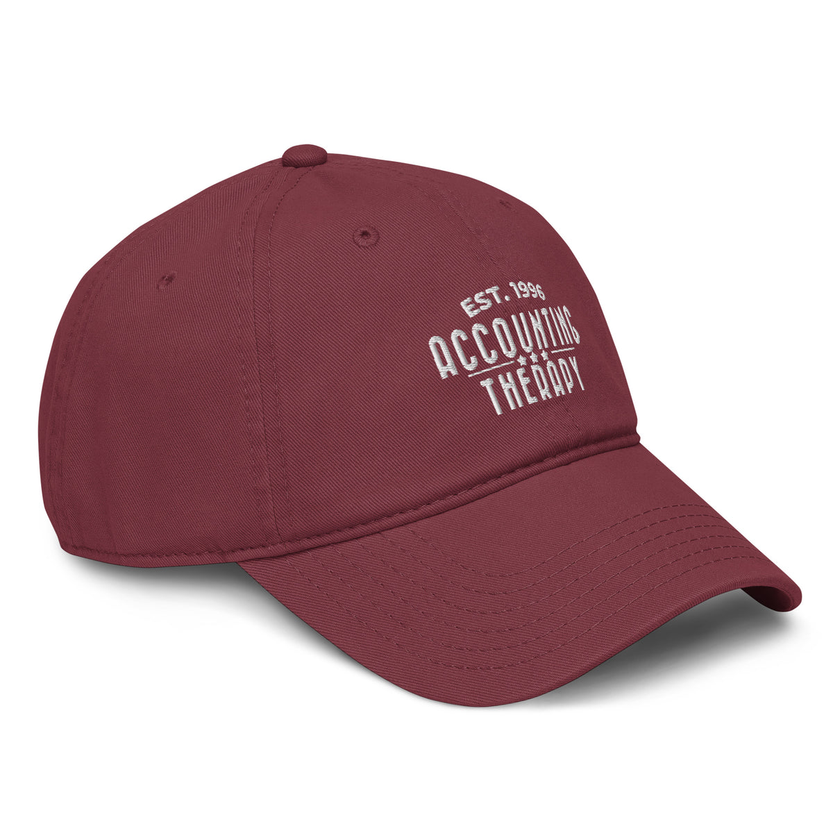 Product mockup - Right-front view of a maroon OTTO cap showing a low-profile unstructured baseball hat with curved brim