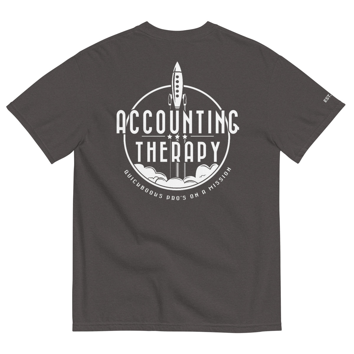 Product mockup - Back view of a Graphite unisex garment-dyed heavyweight t-shirt showing a relaxed fit short sleeve crew neck tee