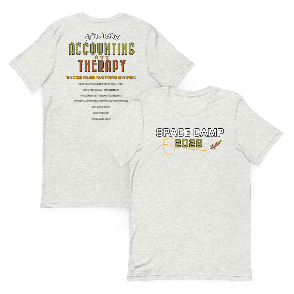 Product mockup - Front and back view of an ash gray unisex staple t-shirt showing a classic fit short sleeve tee with blank design areas