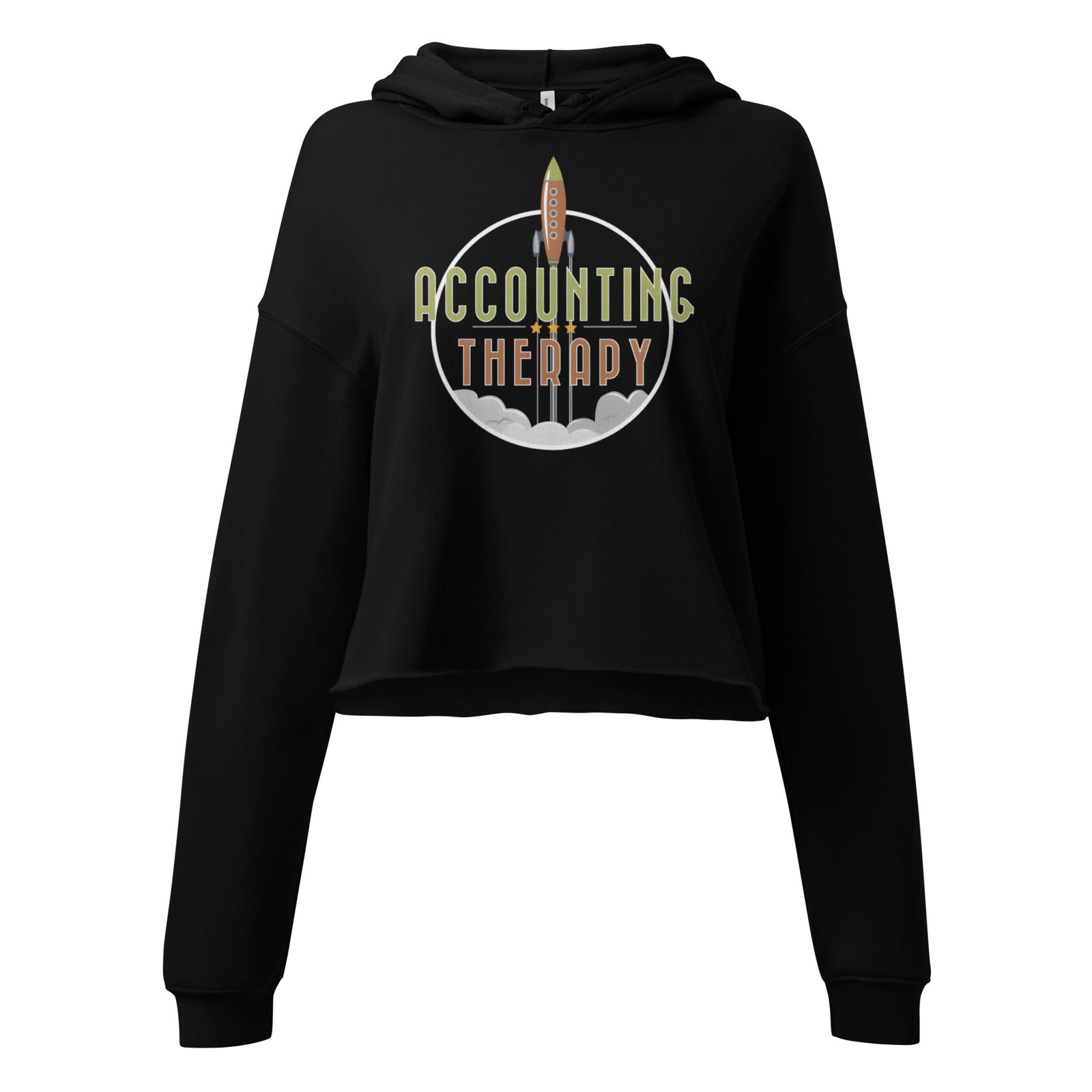 Product mockup - Front view of a women’s cropped hoodie in black color with drawstrings, long sleeves, and a raw hem