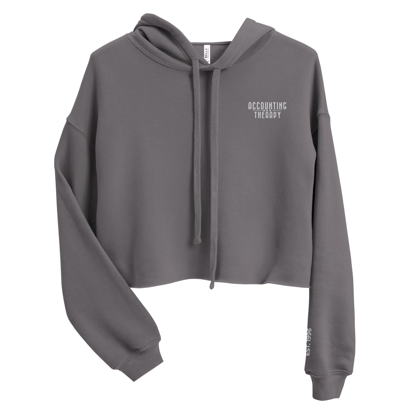 Product mockup - Front view of a women’s cropped hoodie in storm gray color with drawstrings, long sleeves, and a raw hem